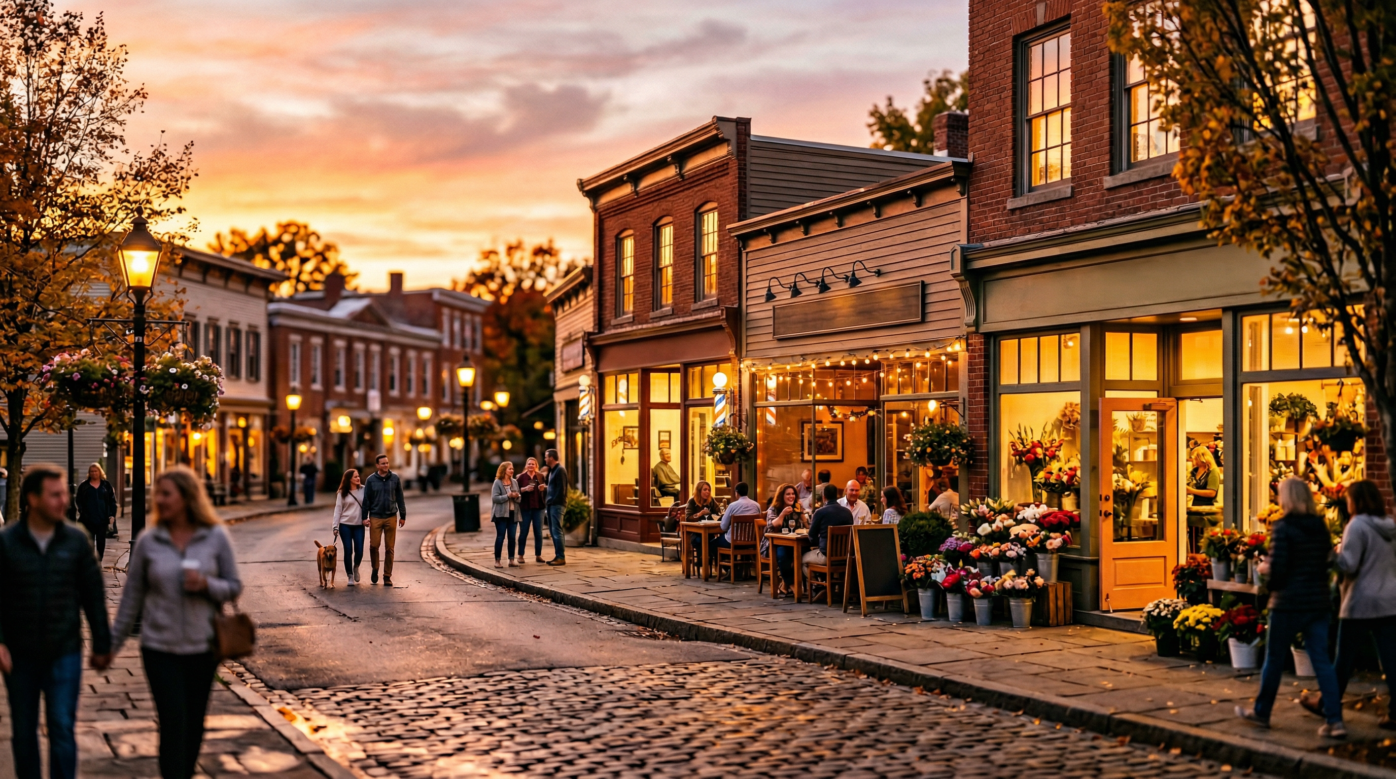 Warm small town main street at golden hour with local businesses