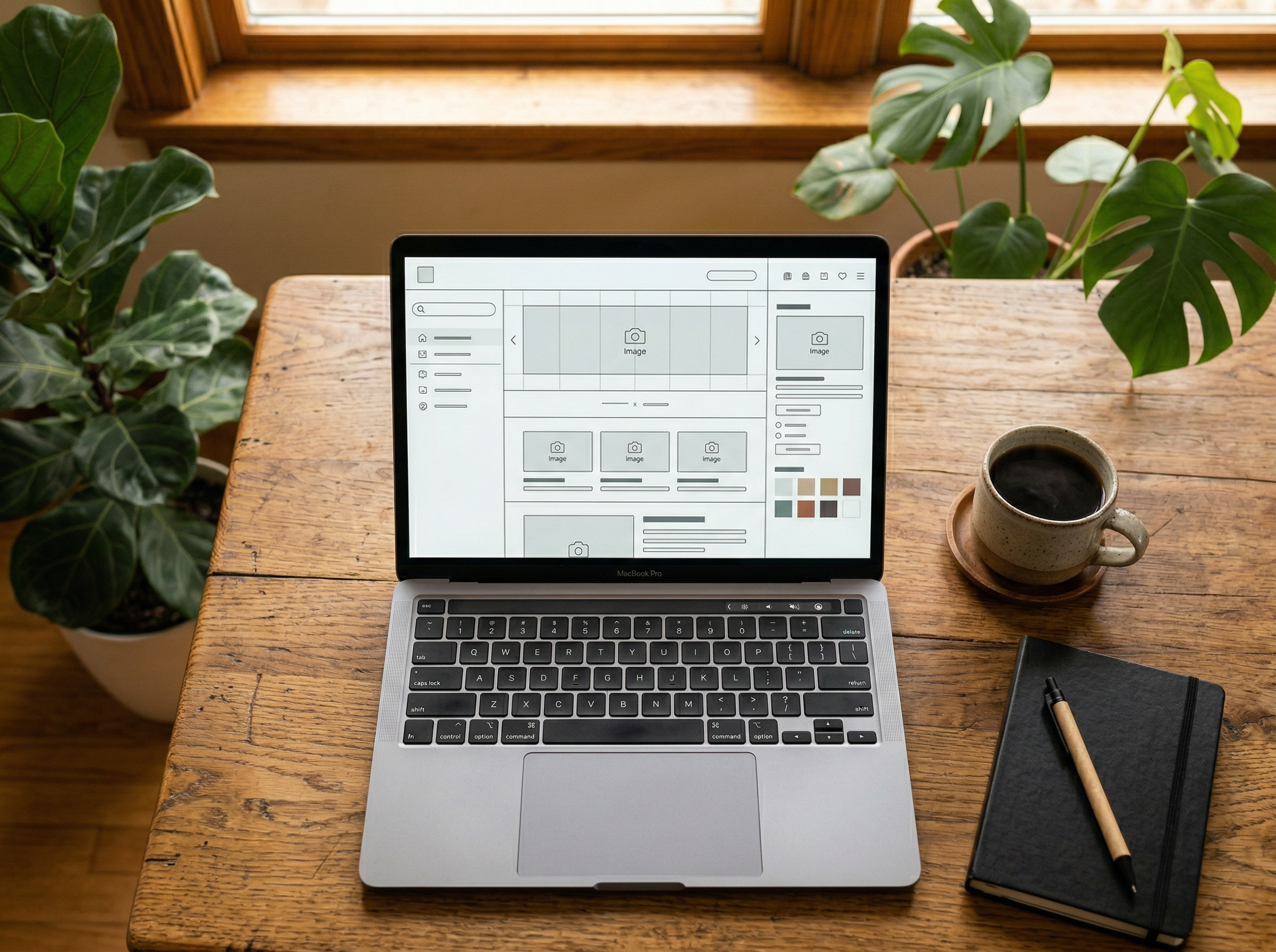 Laptop on desk showing website design in progress